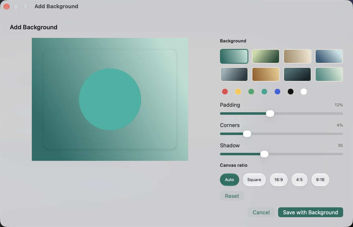 Transflo Add Background editor with canvas, color, padding, and shadow controls