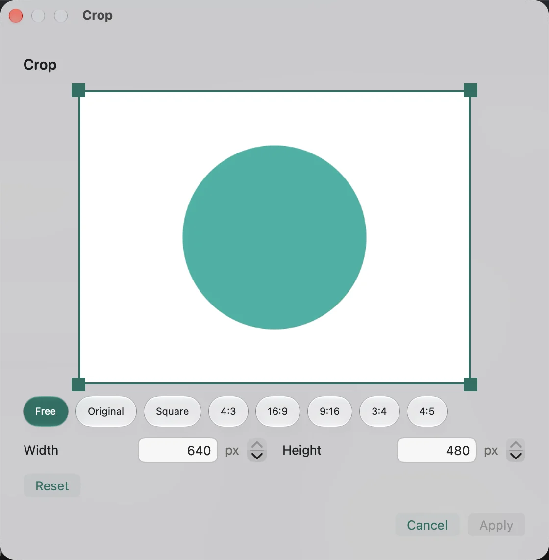 Transflo crop editor with aspect-ratio choices and exact pixel dimensions