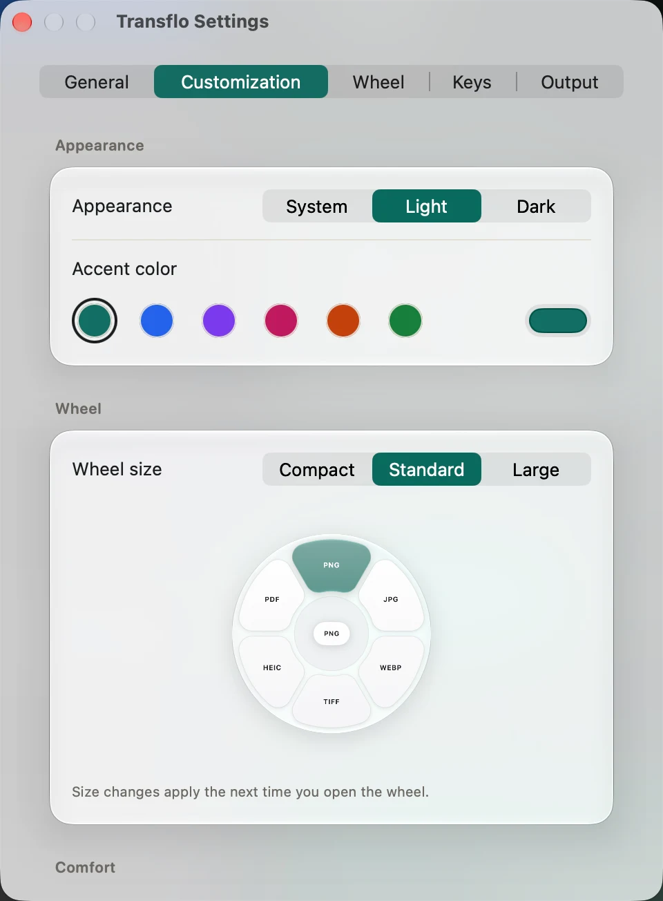 Transflo Customization settings with appearance, accent color, wheel size, Liquid Glass, and Reduce Motion preferences