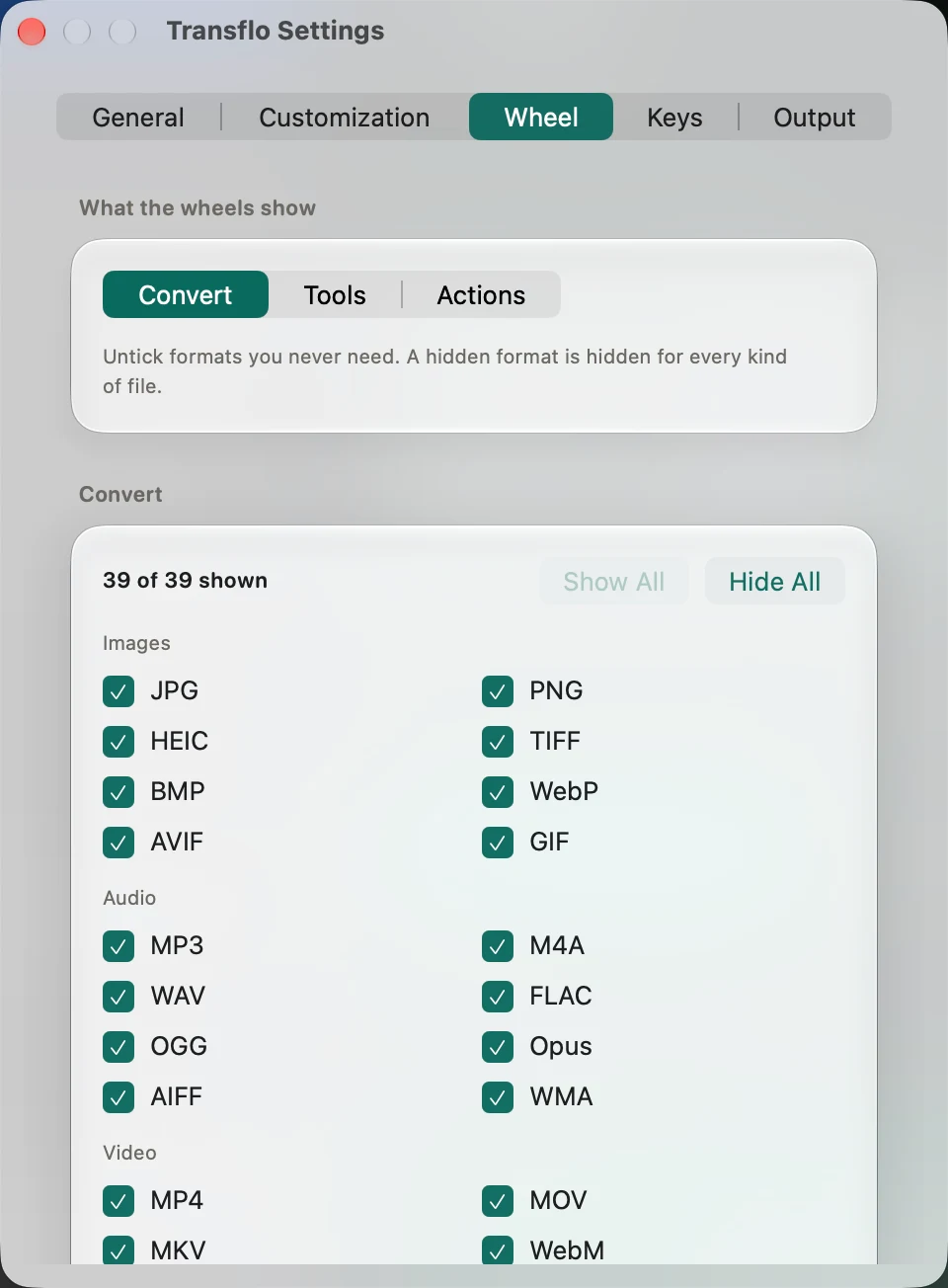 Transflo Wheel settings showing Convert, Tools, and Actions choices with visibility controls