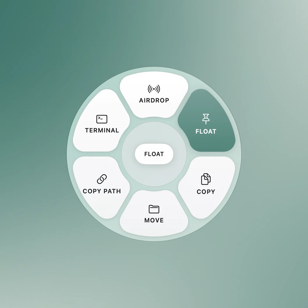 Actions wheel with AirDrop, Float, Copy, Move, Copy Path, and Terminal